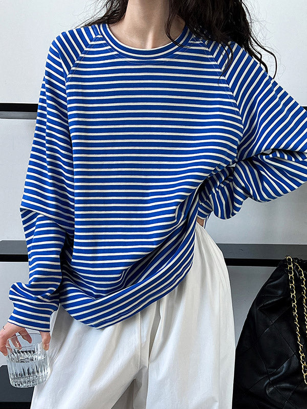 Contrast Color Striped Long Sleeves Loose Round-neck Sweatshirt Tops