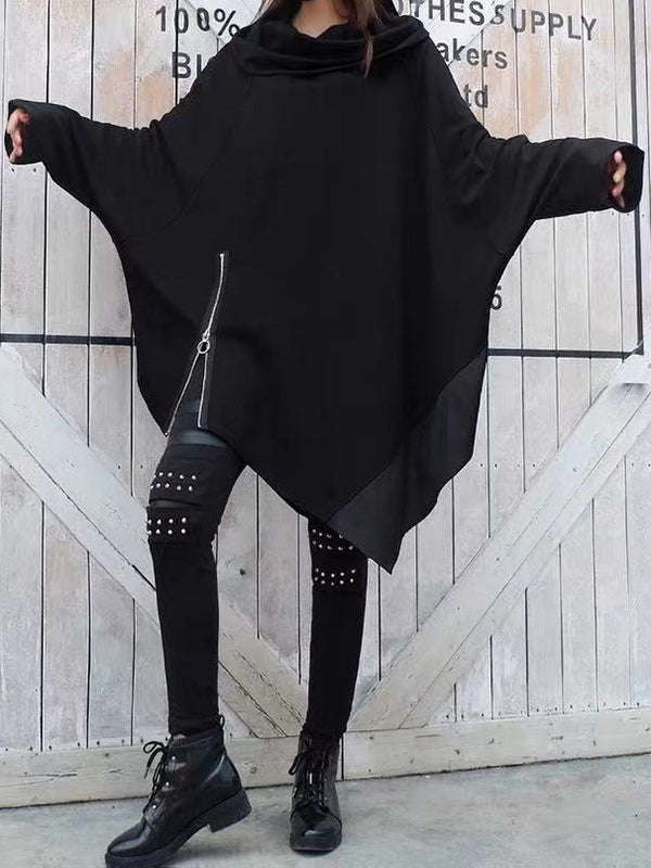 Asymmetric Split-Joint Zipper Batwing Sleeves Loose Heaps Collar Sweatershirt