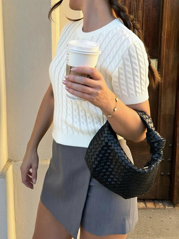 Solid Color Split-Joint Short Sleeves Round-neck Sweater Tops Pullovers