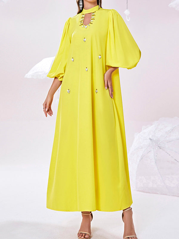 Hollow Rhine Stones Solid Color Bishop Sleeve Loose Mock Neck Maxi Dresses