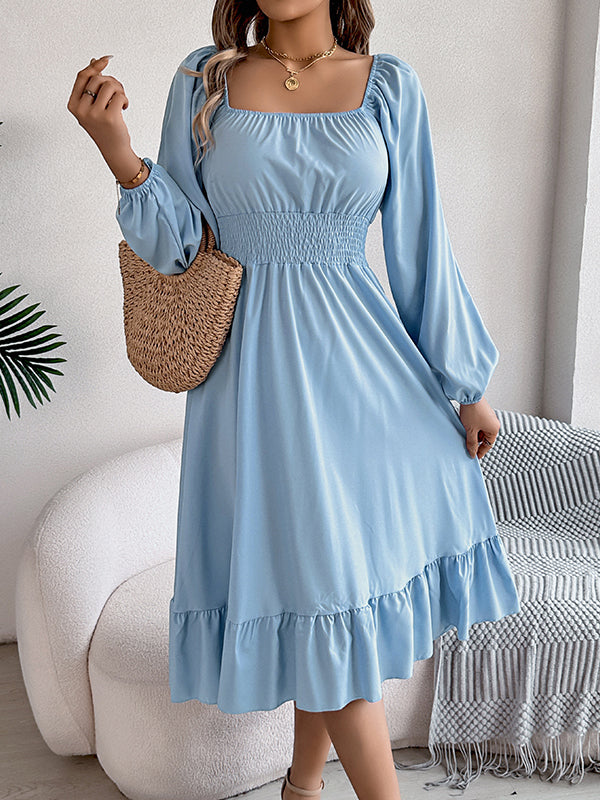 Pleated Ruffled Solid Color A-Line Elasticated Waist Square-Neck Midi Dresses