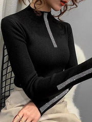 Long Sleeves Skinny Rhine Stones High Neck Pullovers Sweater Sweater Tops