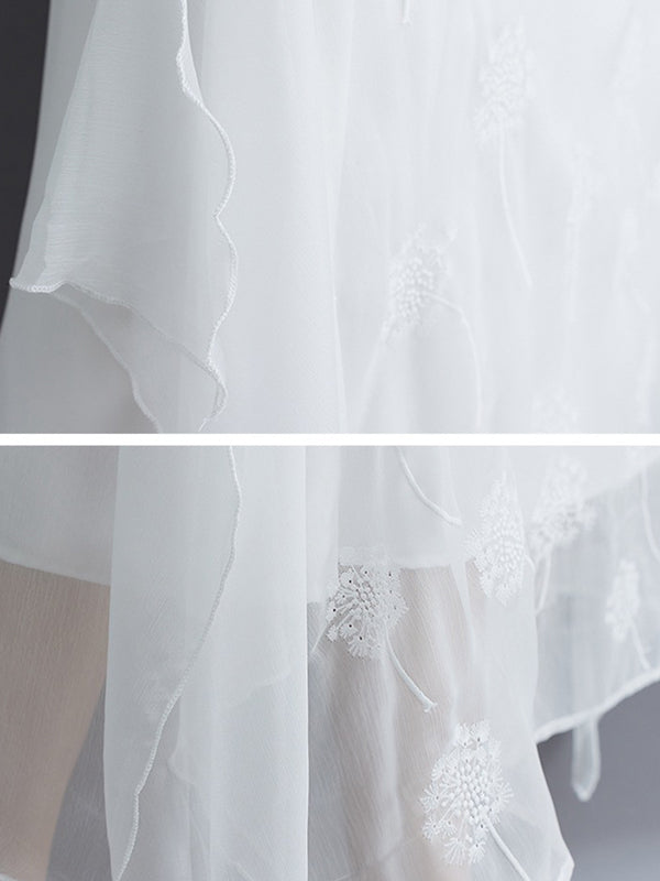Gauze Split-Joint Loose Three-Quarter Sleeves Round-Neck Midi Dresses