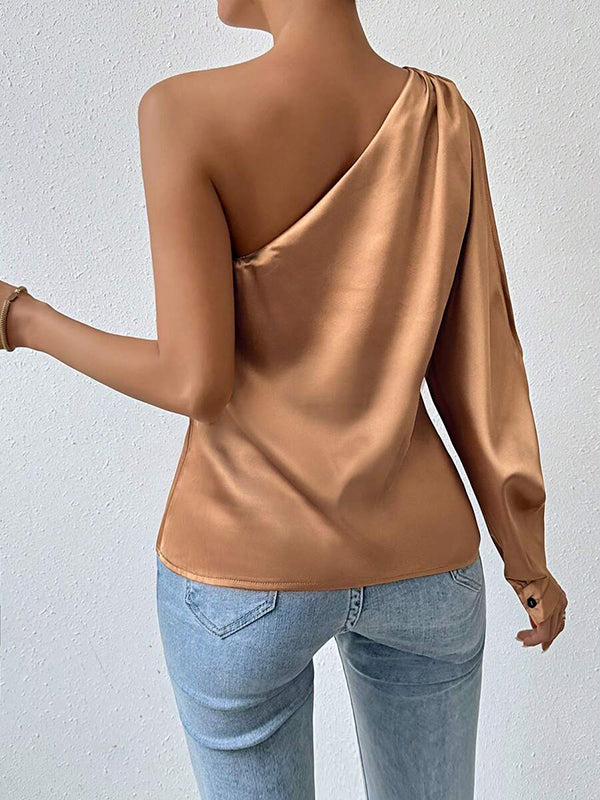 Hollow Pleated Solid Color Loose Puff Sleeves One-shoulder Blouses