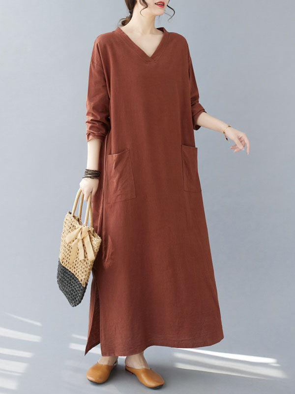 Pockets Solid Color Split-Side A-Line Long Sleeves V-Neck Maxi Dresses