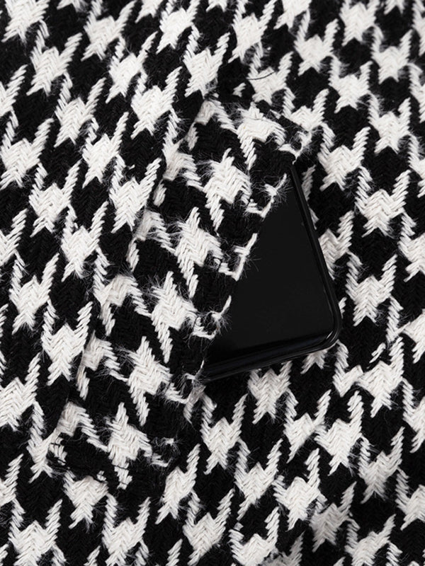 Houndstooth Split-back Split-Joint Tied Waist Long Sleeves Loose Lapel Trench Coats