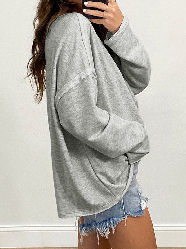 Pockets Solid Color Split-Joint Long Sleeves Loose Round-Neck T-Shirts Tops