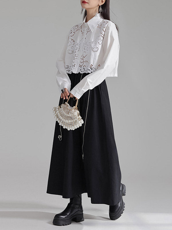 Buttoned Hollow Solid Color Long Sleeves Loose Lapel Blouses&Shirts Tops