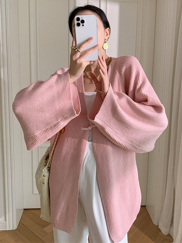 Long Sleeves Loose Solid Color Knitted Cardigan Tops