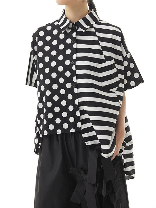 Polka-Dot Split-Joint Striped Irregular clipping Loose Lapel Shirts Tops
