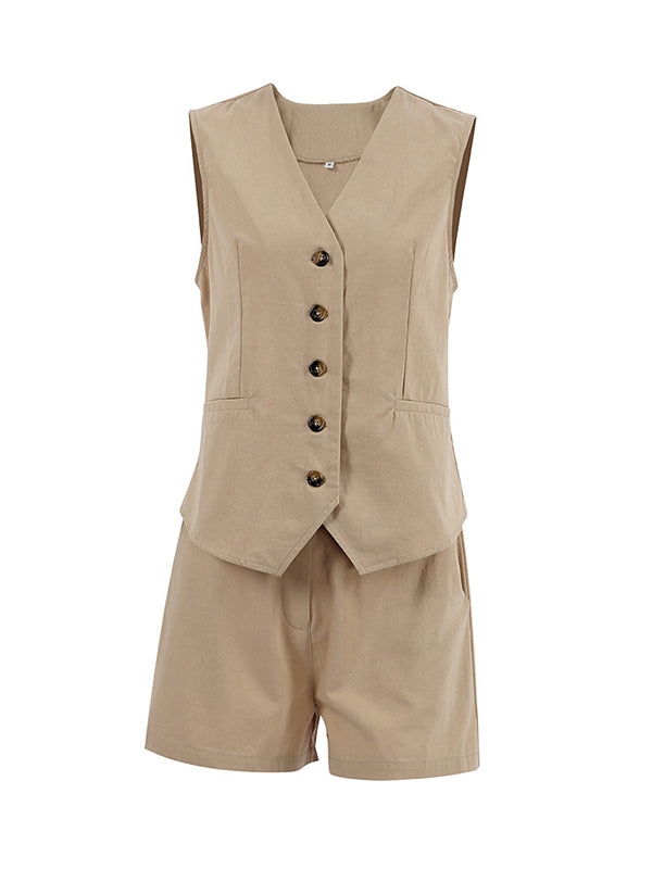 Sleeveless Buttoned Loose Pockets V-Neck Vest Top + Shorts Bottom Two Pieces Set