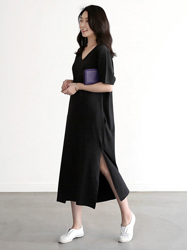 Casual Loose Short Sleeves Split-Side Solid Color V-Neck Midi Dresses