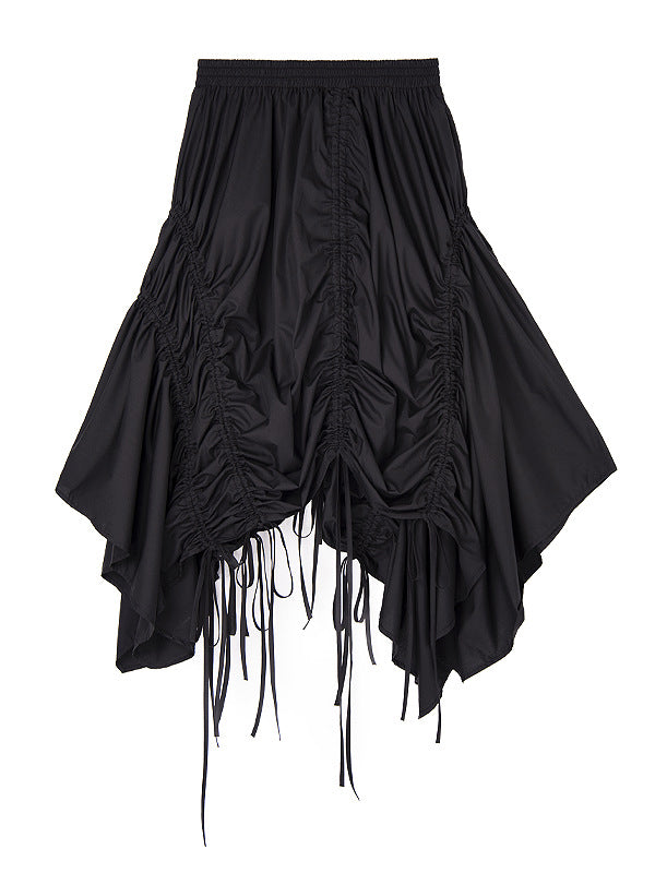 Asymmetric Drawstring Pleated Solid Color A-Line Elasticated Waist Skirts Bottoms