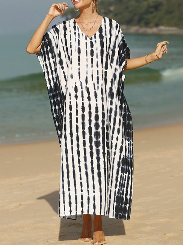 Printed Split-Side Sun Protection Loose Short Sleeves V-Neck Maxi Dresses