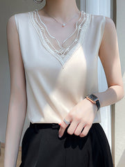 Solid Color Split-Joint Loose Sleeveless V-Neck Vest Top