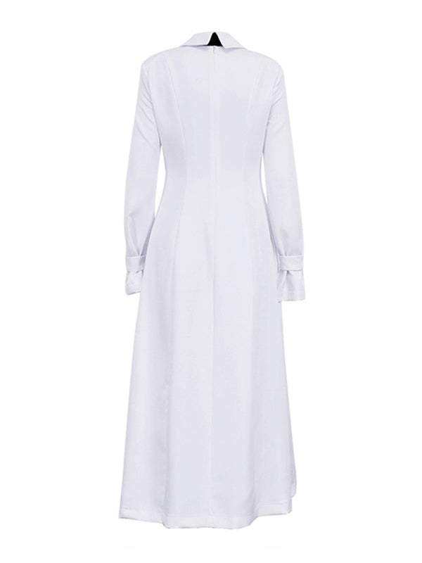Buttoned Solid Color Split-Joint Split-side A-line Flared Sleeves Lapel Shirt Dress Maxi Dresses