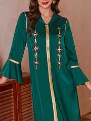 Rhine Stones Split-Front A-Line Flared Sleeves V-Neck Maxi Dresses