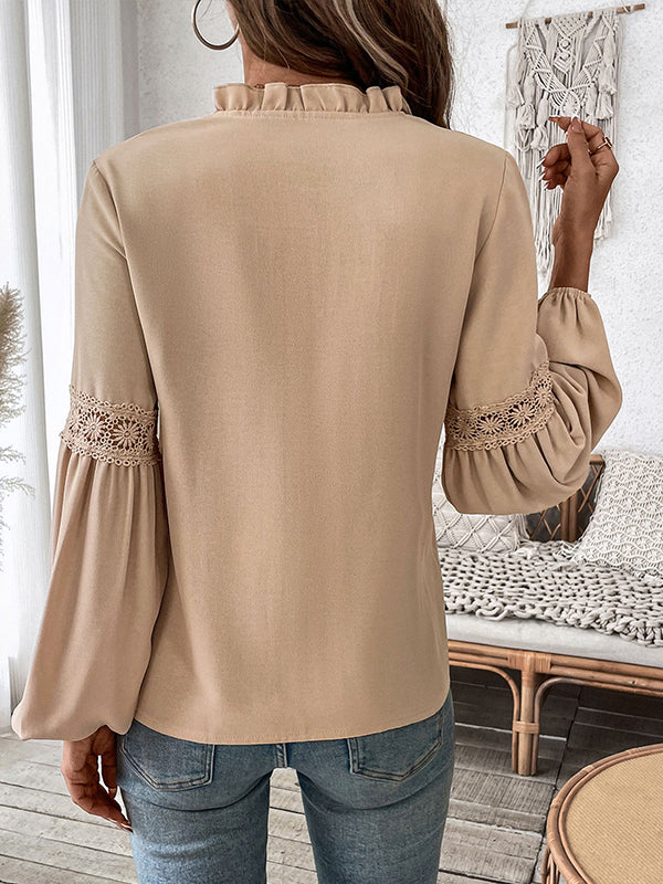 Pleated Solid Color Split-Joint Long Sleeves Loose V-Neck Blouses&Shirts Tops