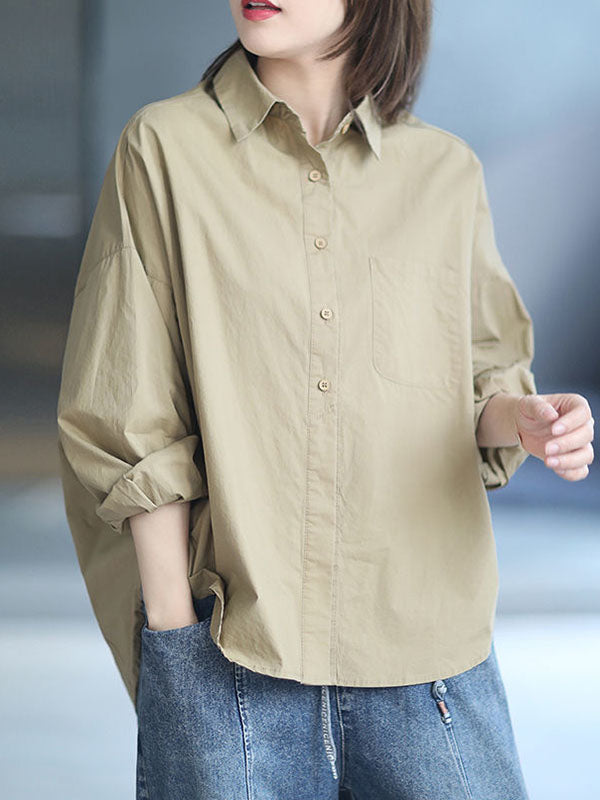 Solid Color High-low Long Sleeves Lapel Blouses&shirts Tops