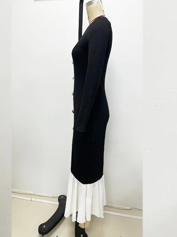 Buttoned Split-Joint Bodycon High Waisted V-neck Maxi Dresses