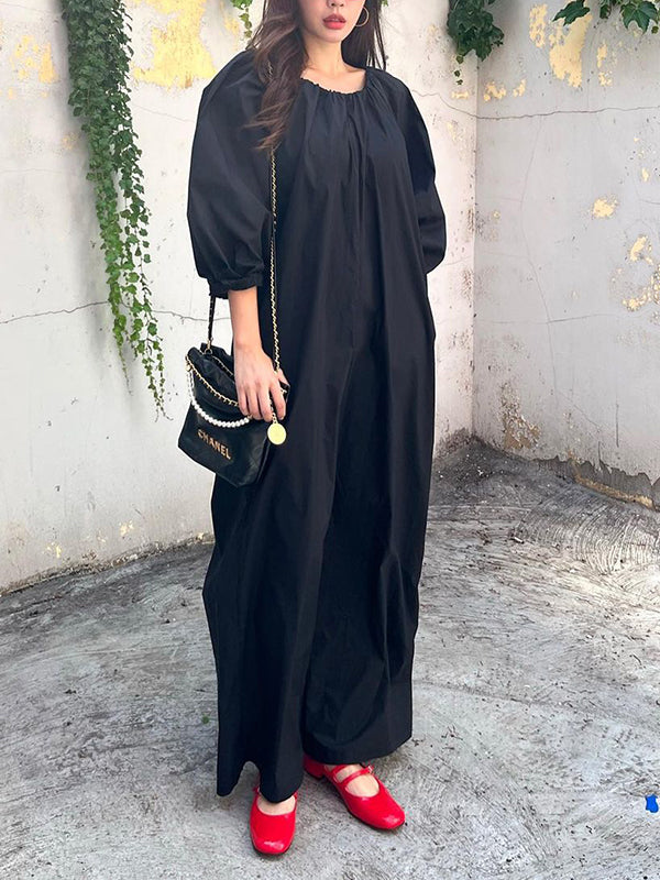 Elasticity Pleated Pockets Solid Color Long Sleeves Loose Round-neck Jumpsuits