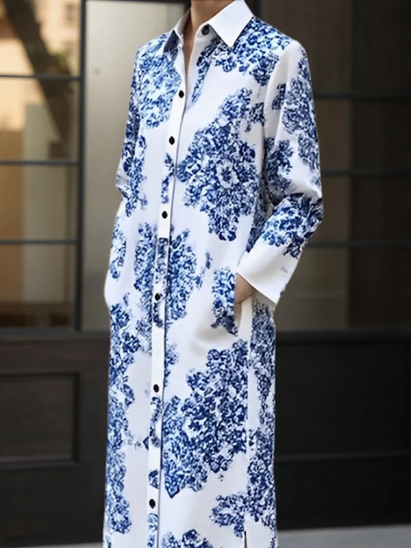 Buttoned Printed Split-side Long Sleeves Lapel Shirt Dress Maxi Dresses