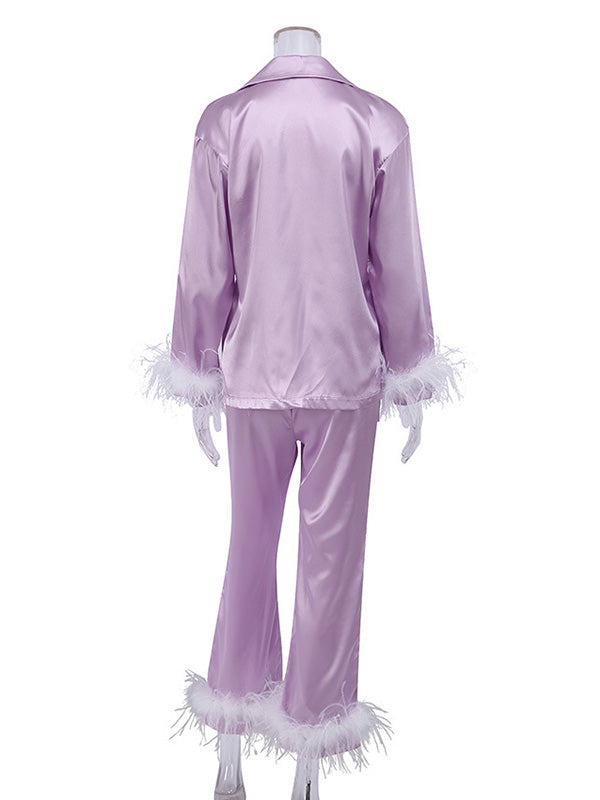 Notched Collar Long Sleeves Buttoned Feathers Split-Joint Shirts Top + Pants Bottom Pajama Sets