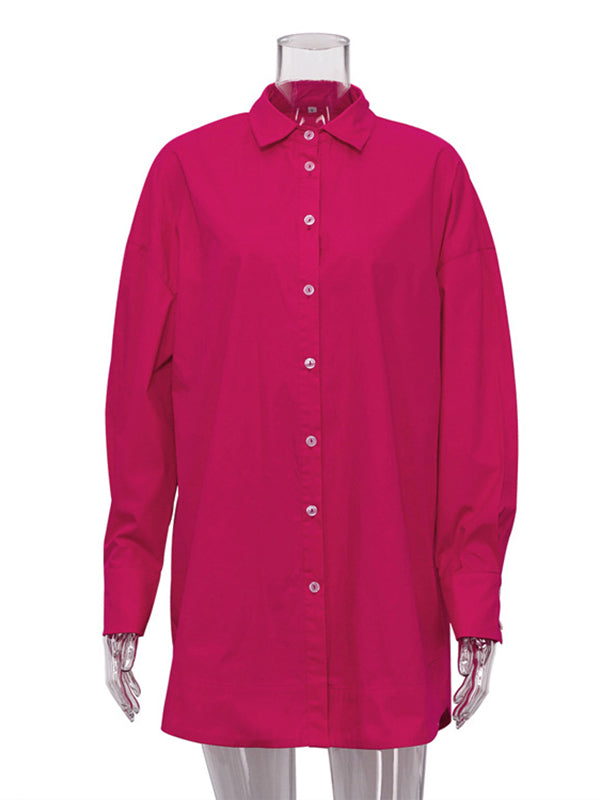 Solid Color Long Sleeves Loose Lapel Blouses