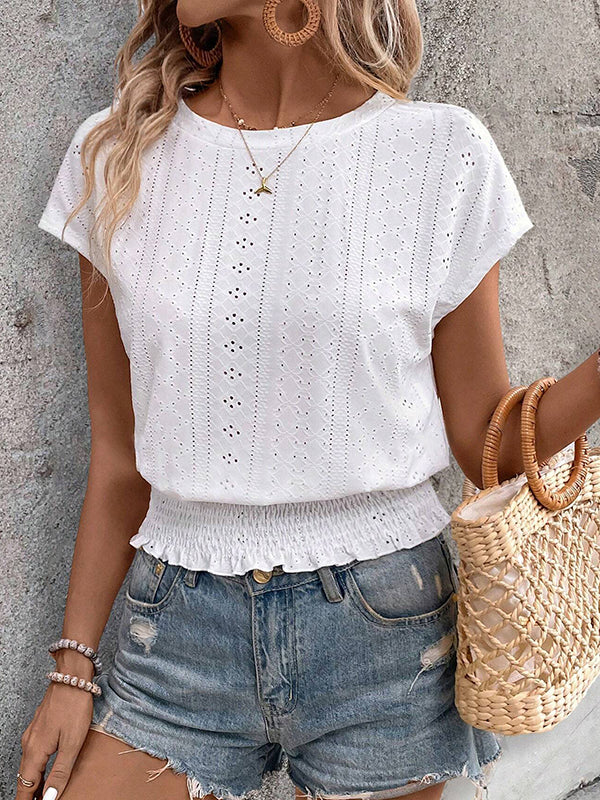 Elasticity Hollow Jacquard Solid Color Loose Short Sleeves Round-Neck T-Shirts Tops