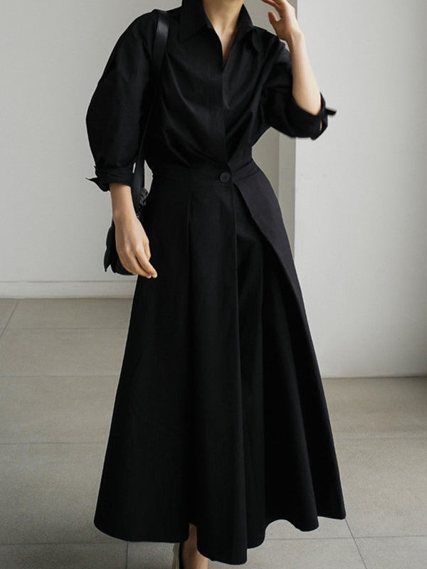 Original Solid Color Lapel Long Sleeves Midi Dress