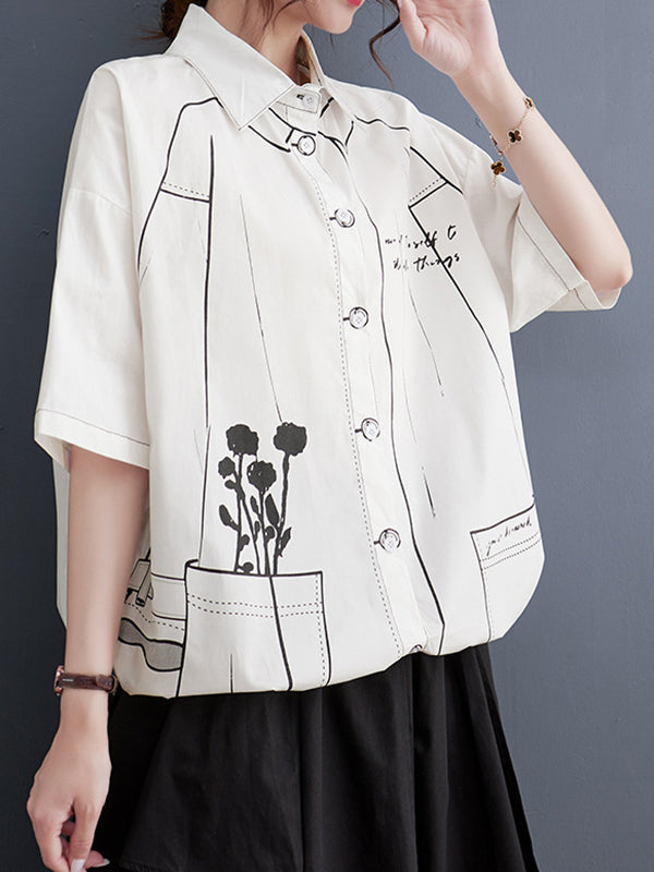 Contrast Color Printed Split-Joint Loose Short Sleeves Lapel Blouses