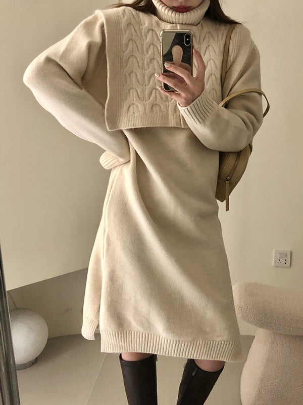 Original Stylish Buttoned Shawl High-Neck Long Sleeves Sweater Dress