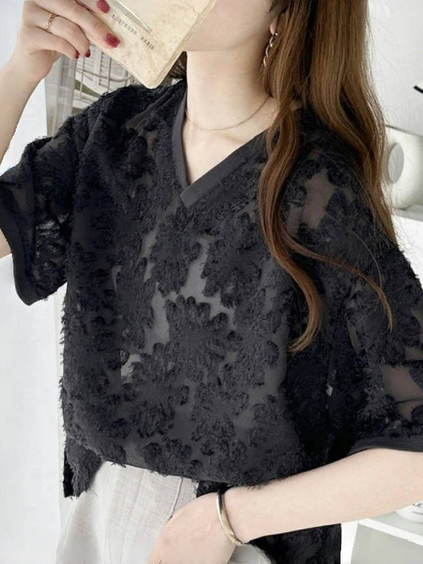 Mesh Solid Color Split-Side Half Sleeves Loose V-Neck Blouses&Shirts Tops