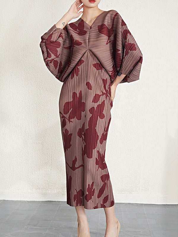 Pleated Printed Batwing Sleeves Loose V-Neck Midi Dresses