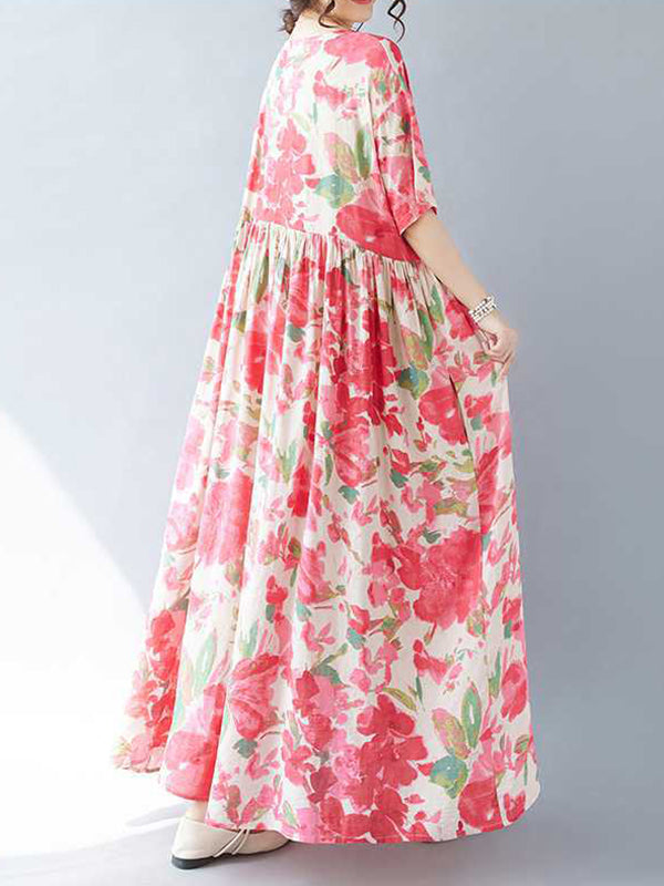 Flower Print Pleated Split-Joint A-line Batwing Sleeves Round-neck Midi Dresses