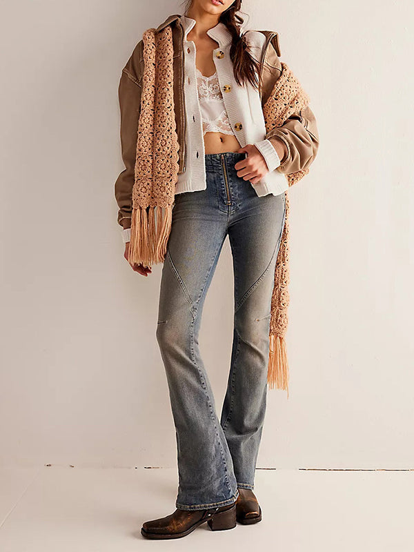 Buttoned Pockets Solid Color Split-Joint Long Sleeves Loose Stand Collar Cardigan Tops
