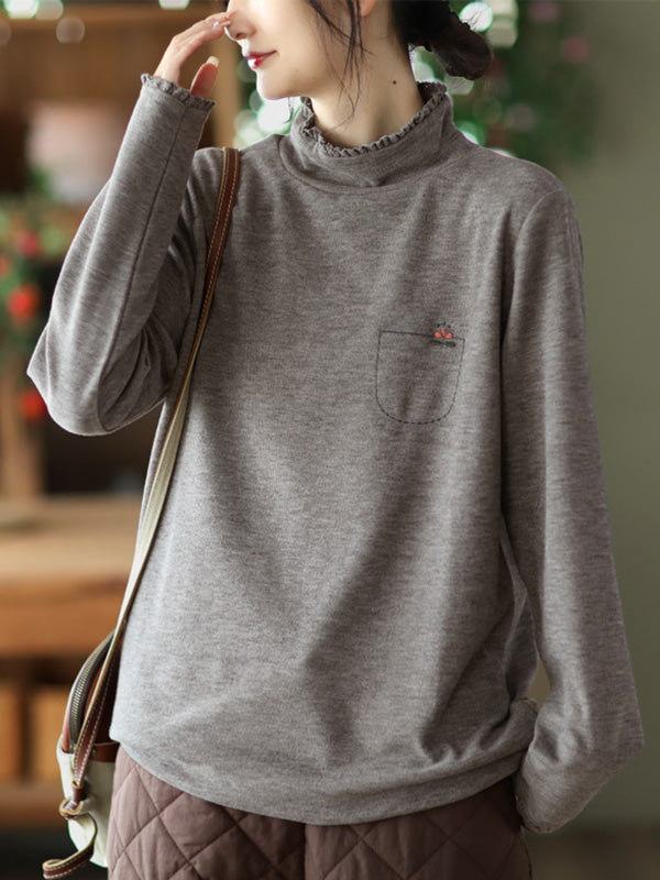 Simple Loose Long Sleeves Embroidered Falbala Solid Color High-Neck T-Shirts Tops