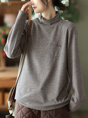 Simple Loose Long Sleeves Embroidered Falbala Solid Color High-Neck T-Shirts Tops