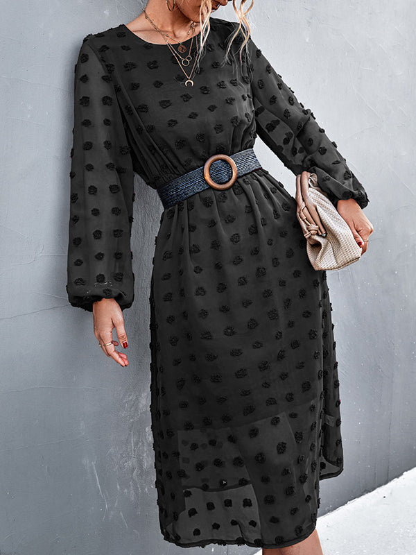 Elasticity Hollow Jacquard Solid Color High Waisted Long Sleeves Round-Neck Midi Dresses