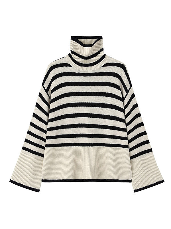 Contrast Color Pleated Split-Joint Split-Side Striped Patterns Long Sleeves Loose High Neck Sweater Tops