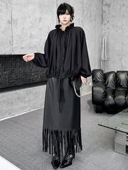 Drawstring Pleated Pullover Design Solid Color Long Sleeves Loose Lace Collar Blouses&Shirts Tops