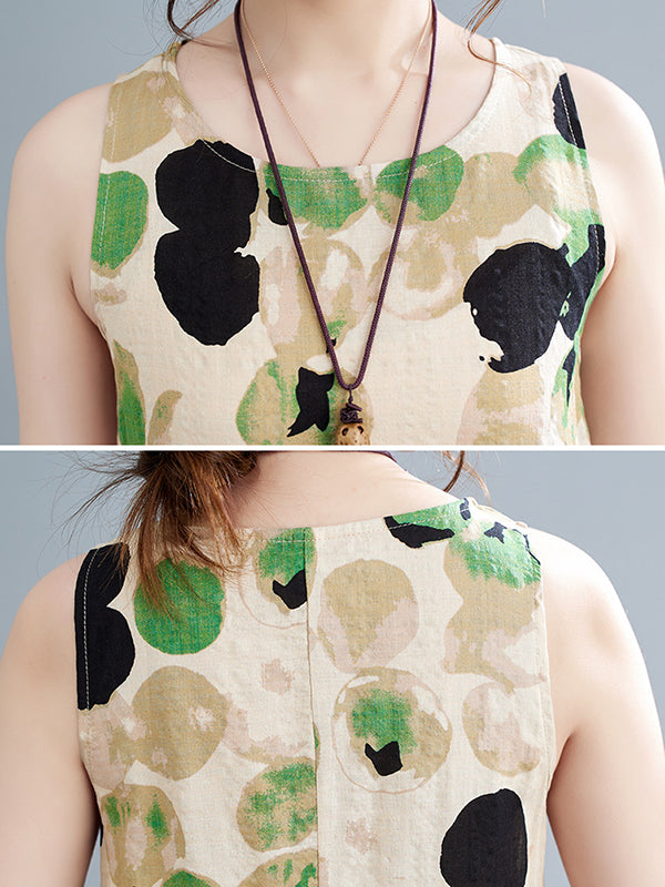 Printed Split-Joint Loose Sleeveless Round-neck Maxi Dresses