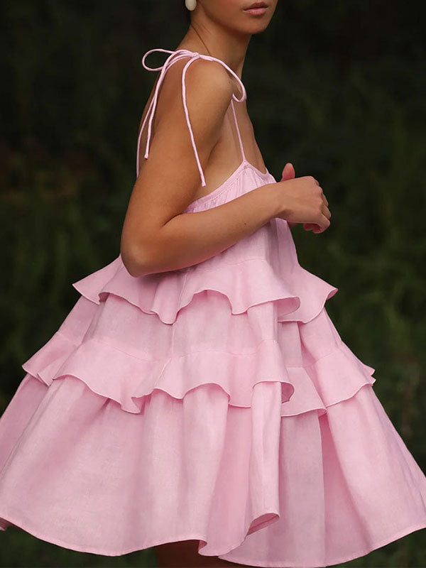 Backless Layered Pleated Solid Color Tied High Waisted Loose Spaghetti-Neck Mini Dresses