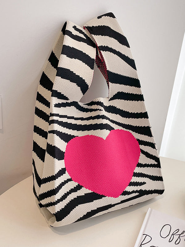 Heart Print Zebra-Stripe Woven Handbag Bags
