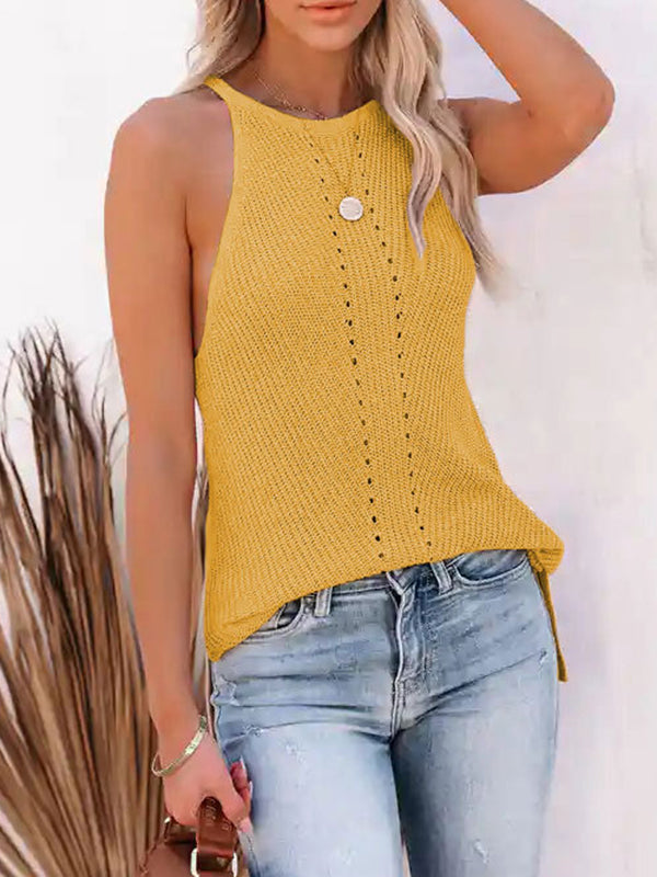 Hollow Solid Color Loose Sleeveless Spaghetti-Neck Vest Top