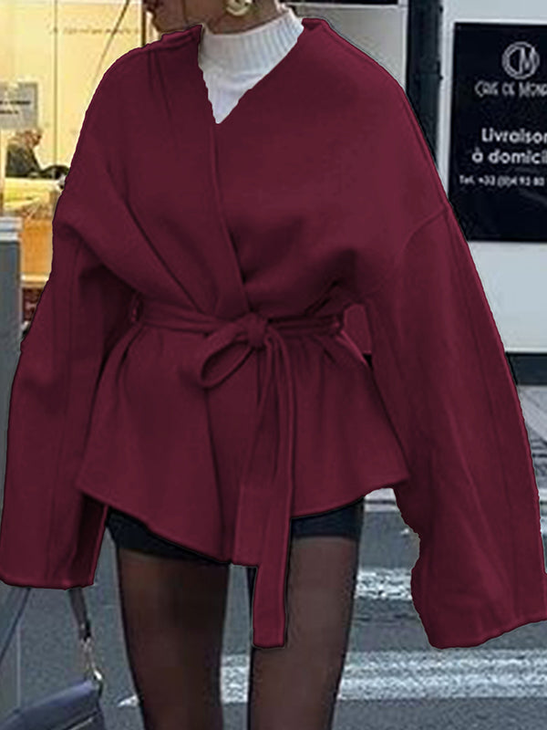 Solid Color Tied Waist Long Sleeves Loose V-Neck Outerwear