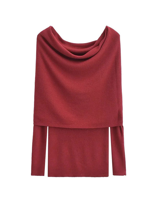 Pleated Solid Color Split-Joint Long Sleeves Skinny Off-the-shoulder Pullovers Knitwear