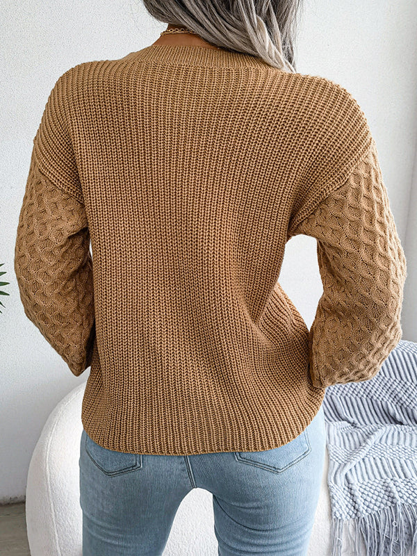 Cable Knit Solid Color Long Sleeves Loose Round-Neck Sweater Tops