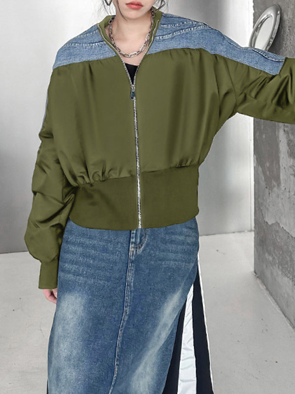 Pleated Split-Joint Zipper Long Sleeves Loose V-neck Outerwear Jackets