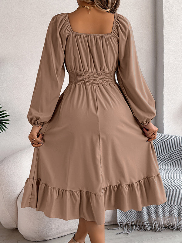 Pleated Ruffled Solid Color A-Line Elasticated Waist Square-Neck Midi Dresses